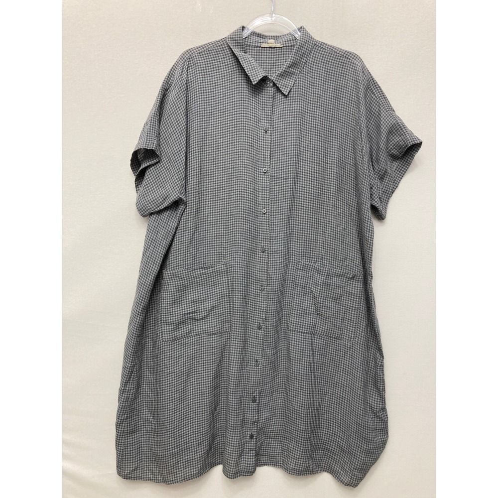 Eileen Fisher Shirt Dress XL Grey Gingham Organic Linen Short Sleeve Relaxed